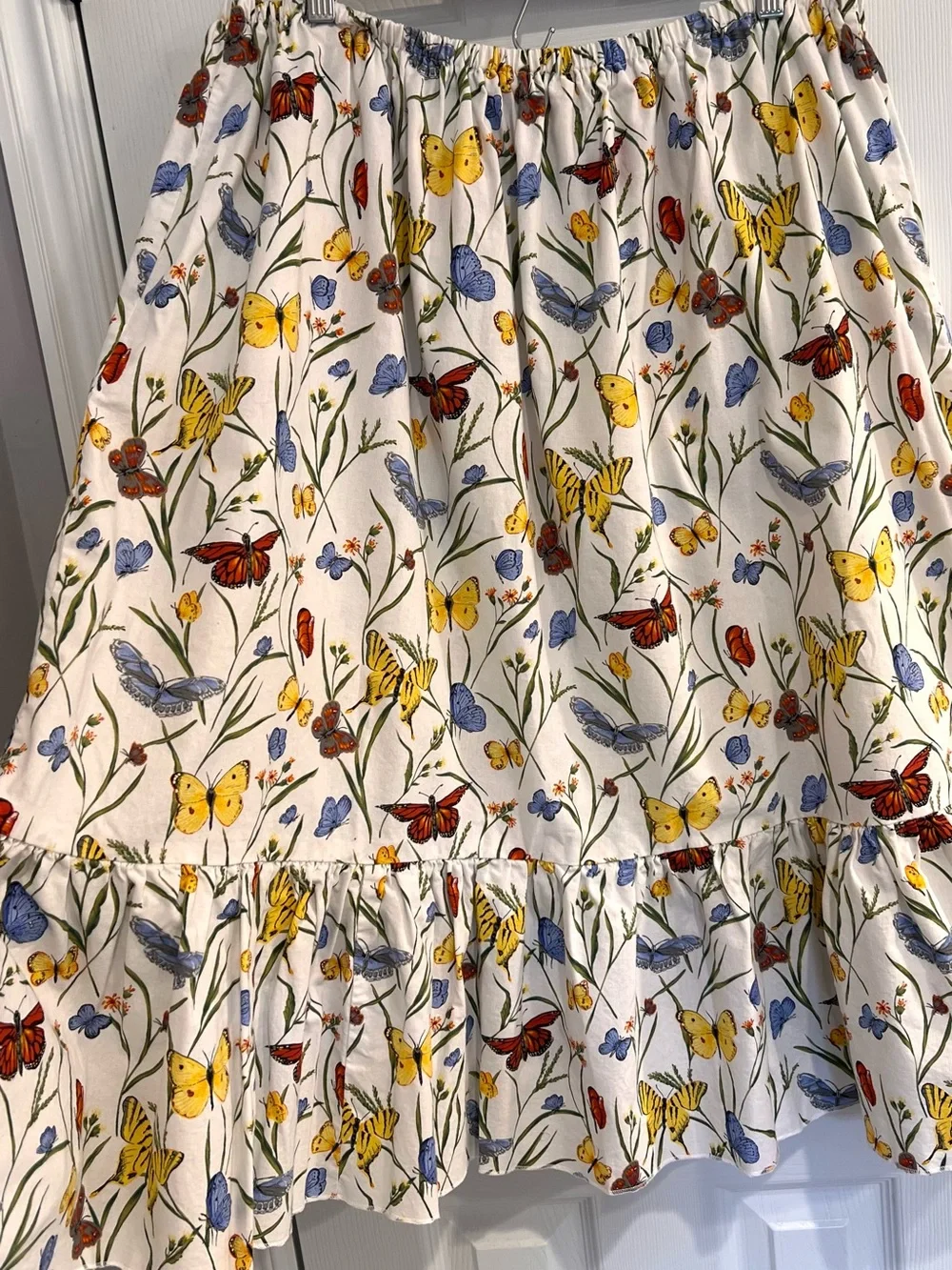 Handmade Butterfly Floral Tiered Midi Skirt White Cotton Red Yellow Blue Ruffle